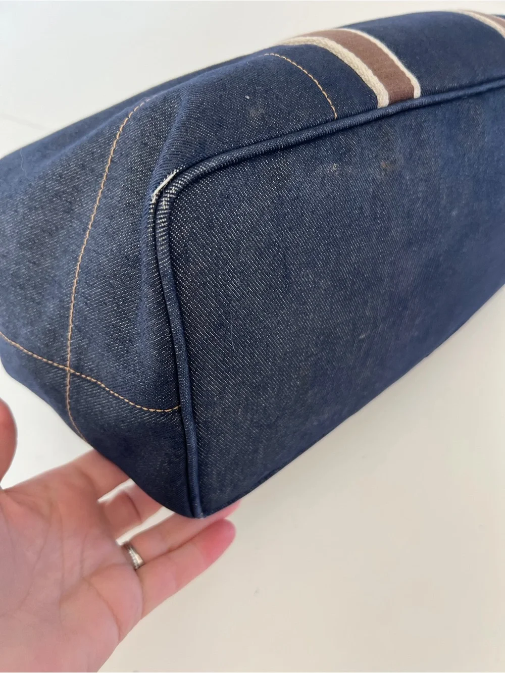 Coach Vintage Y2K Denim Varsity Stripe Large Denim Tote Bag Leather Trim 3K-7544